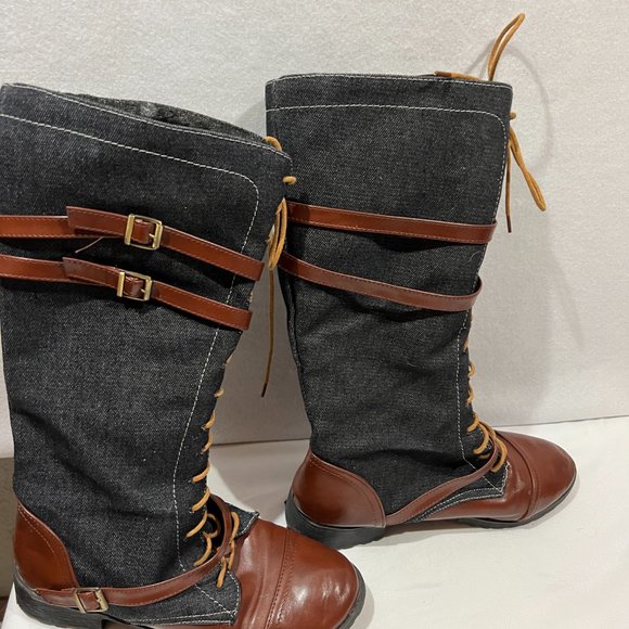 Womens Denim Knee High Boots Block Low Heels Round Toe Lace Up Buckle Shoes Hot - Picture 5 of 7